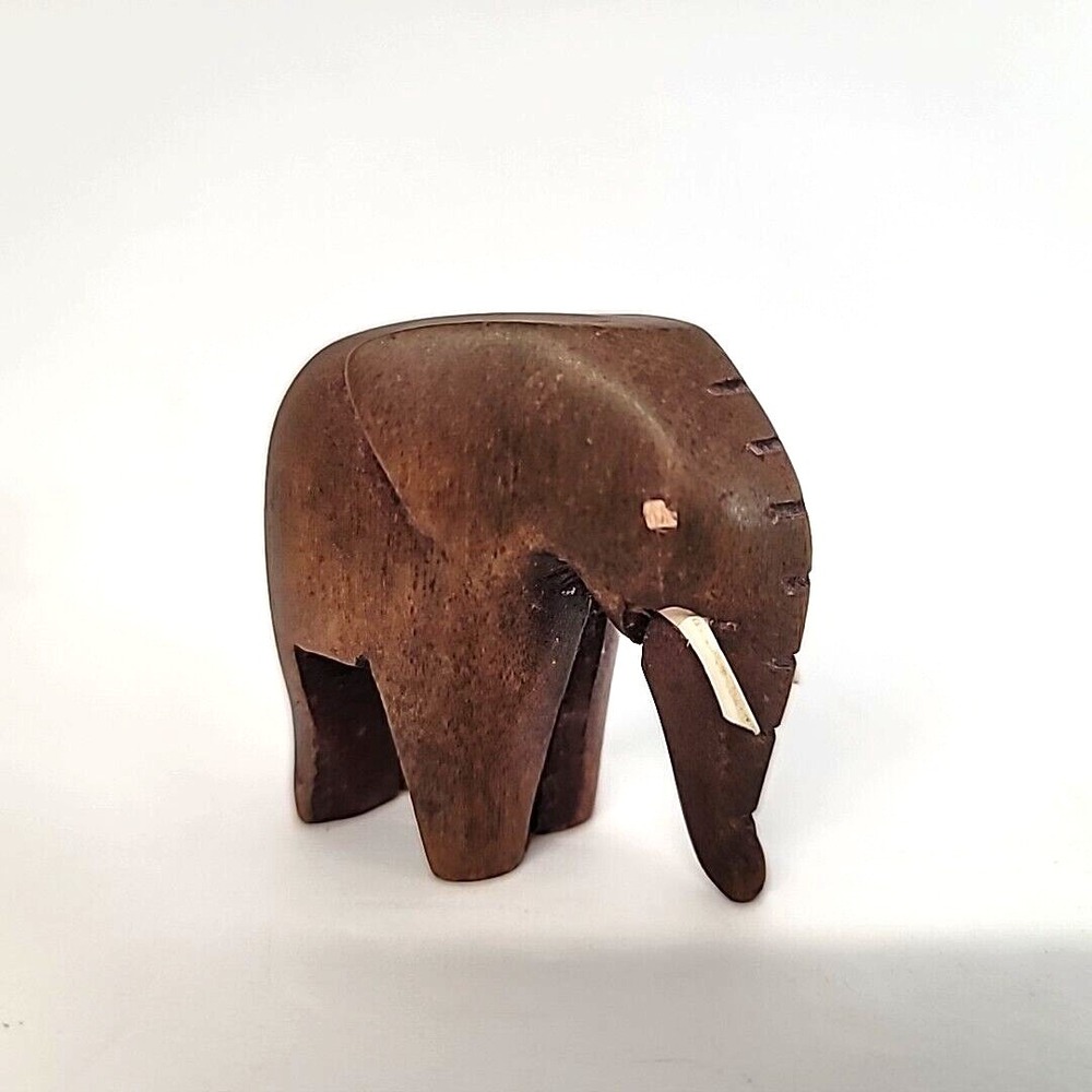 Walnut Brown Wood Carved Elephant Sculpture with Plastic Tusks and Eyes 2"H